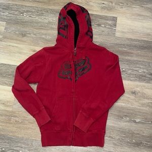 red & black Fox Racing hooded fleece lined zip up jacket size small